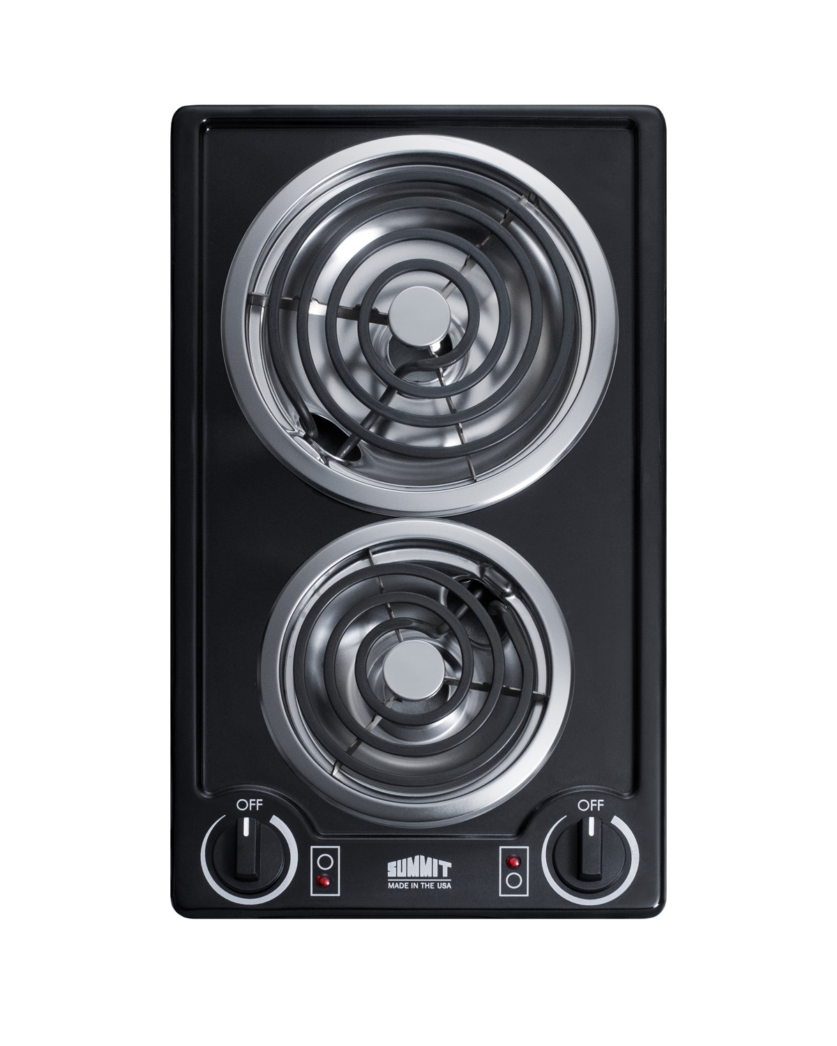 115V 2-burner coil cooktop in black porcelain with cord included; made in the USA